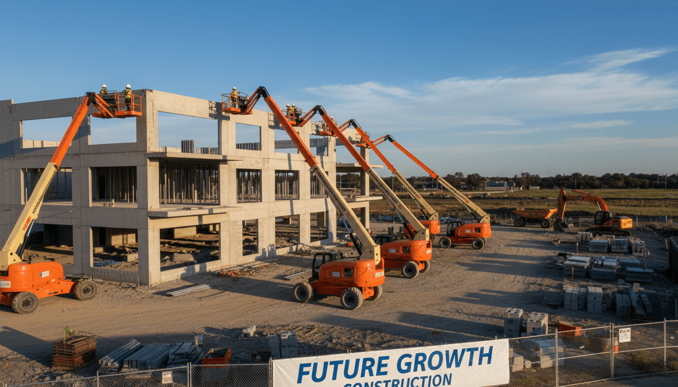 Aerial lift equipment positioned on a job site with a clear blue sky