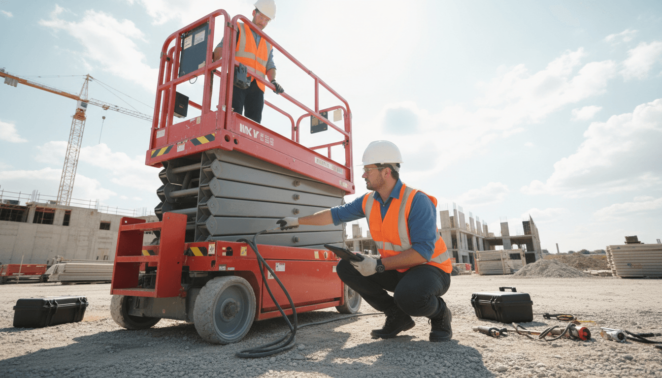 Technician in protective gear inspecting an aerial lift on a worksite