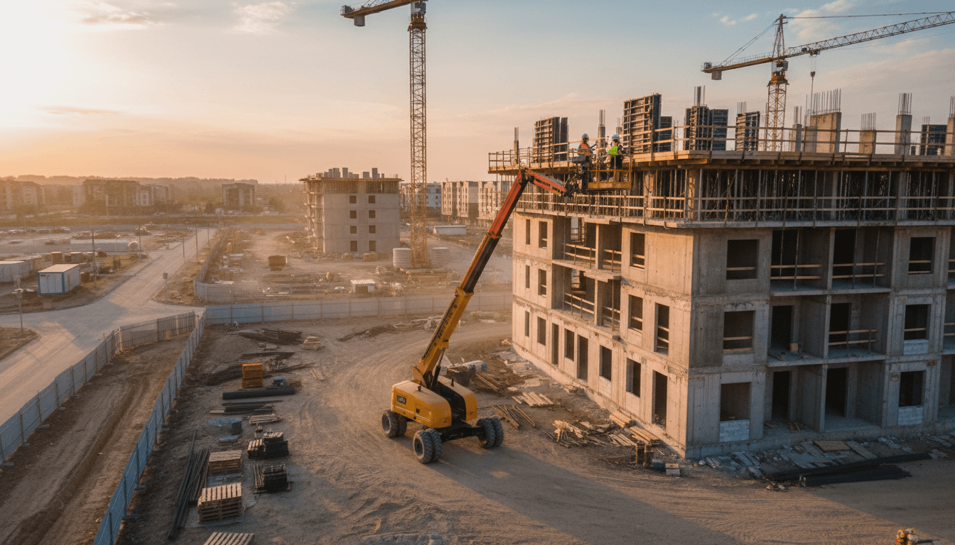 Aerial work platform lift on a construction site at golden hour