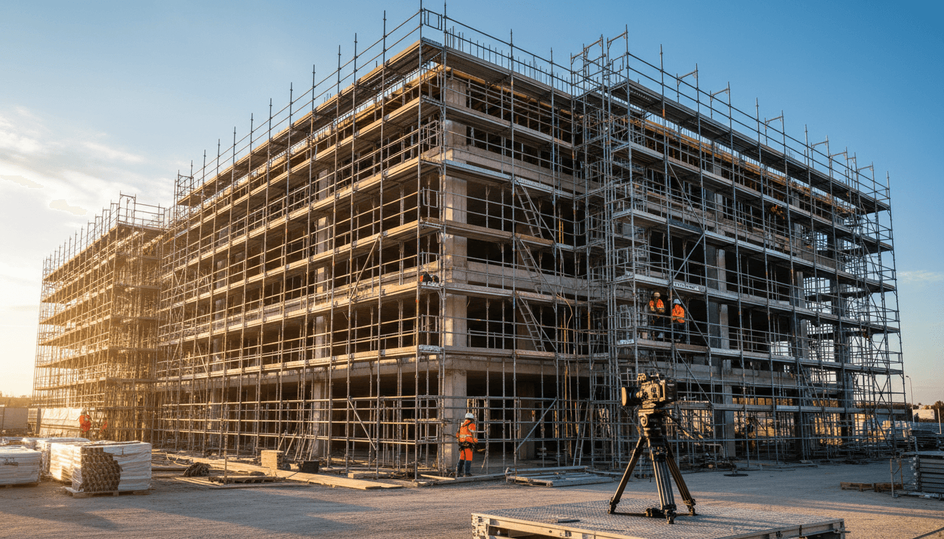 A telehandler and other construction equipment at a jobsite during the evening