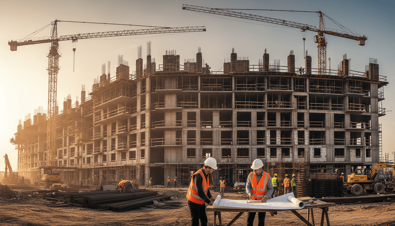 Construction worker walking past aerial lift on job site