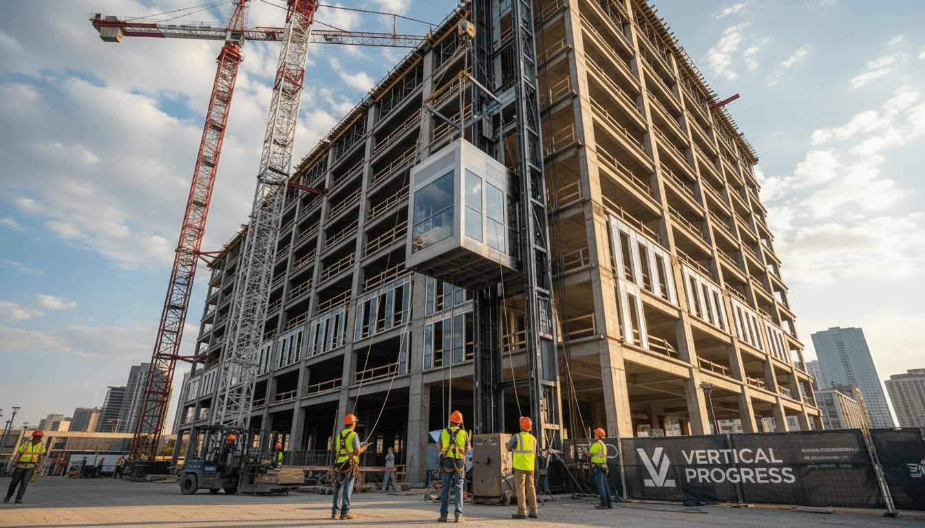 Aerial lift scissor lift elevated on construction site with worker in safety harness