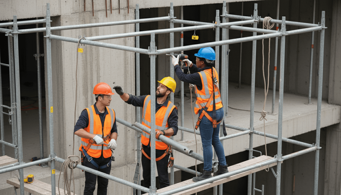 Worker in a safety harness operating an aerial lift on a construction site