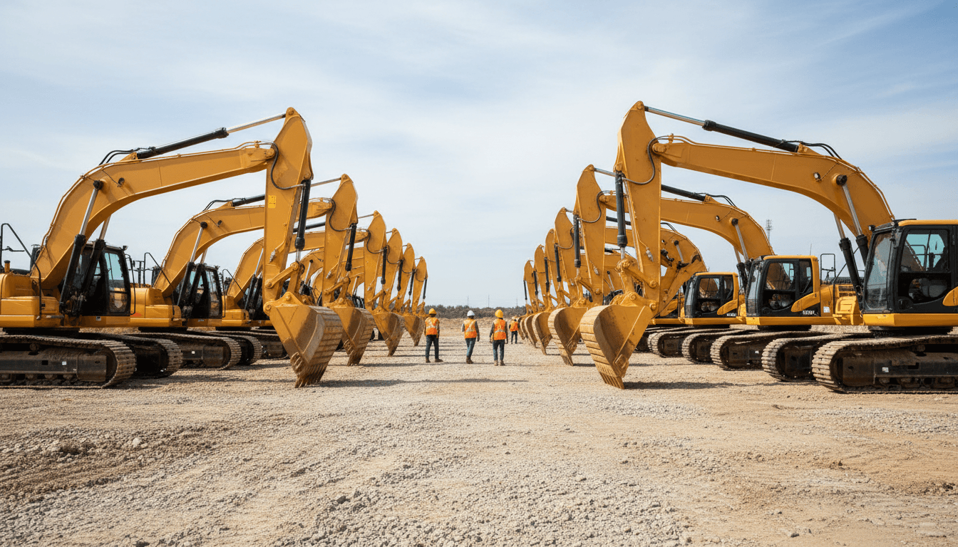Construction equipment dealer showroom with new excavator and loader on display